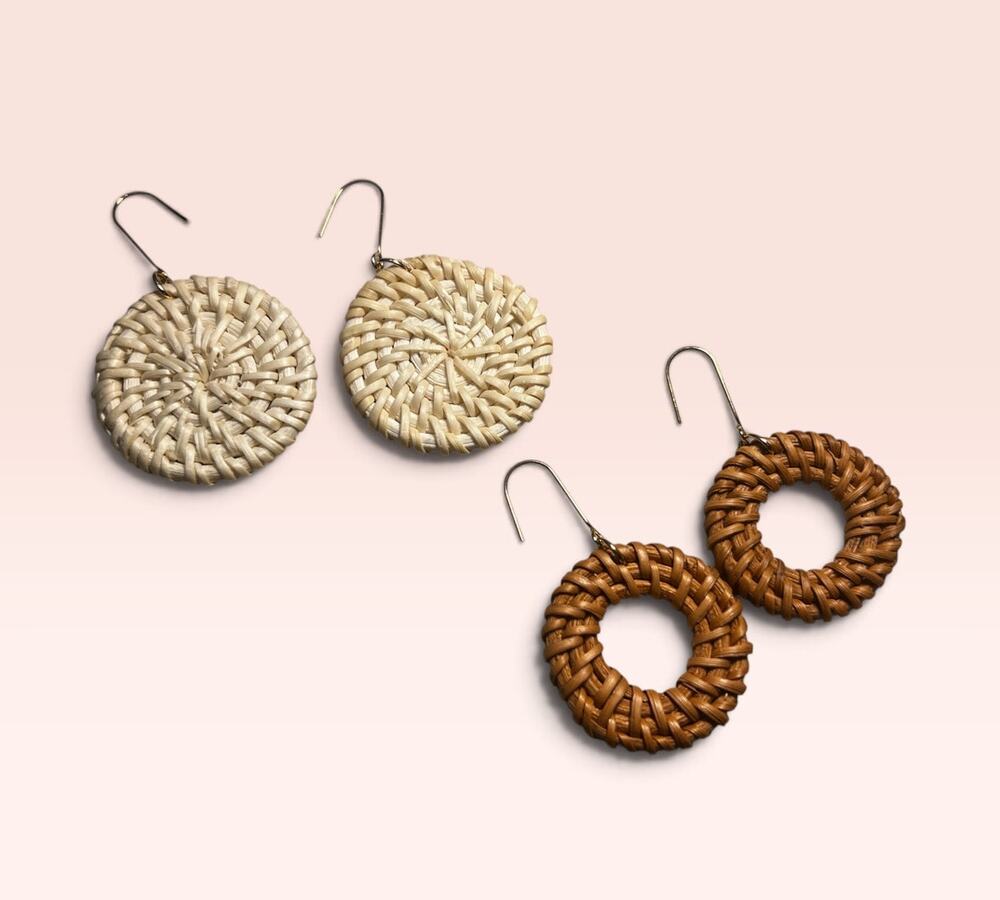 Boho Woven Rattan Drop Earrings Set of 2 Pairs – Natural Straw & Brown Earrings